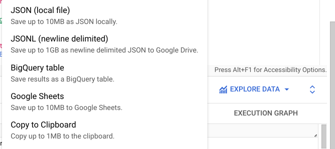 Screenshot of data export from BigQuery to Google Sheets