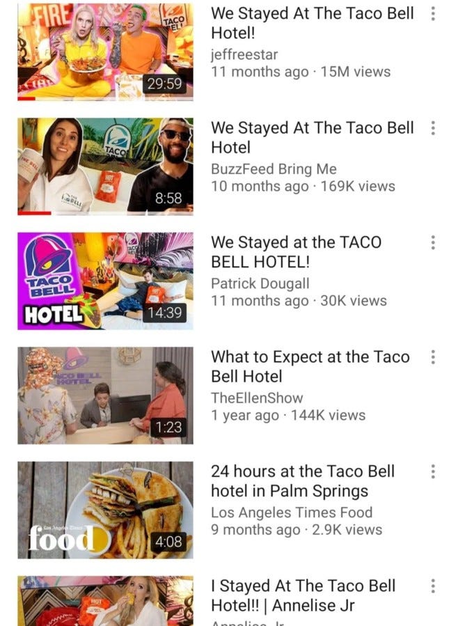 Influencers sharing their Taco Bell hotel experiences.