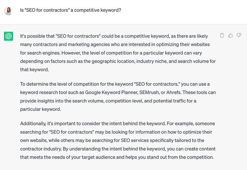 ChatGPT's inability to assess keyword difficulty