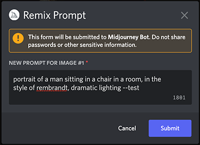 Remix Prompt Window in Midjourney