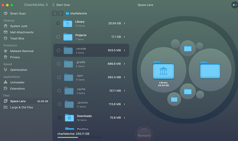 Space Lens feature showcasing file sizes