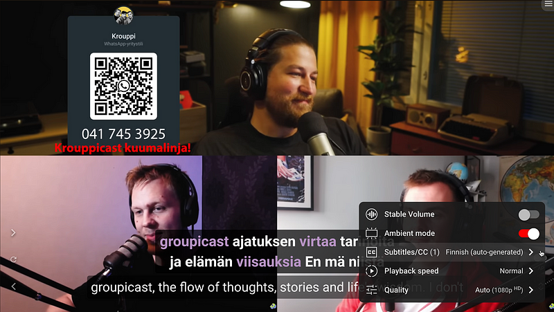 Screenshot showcasing Finnish auto-generated subtitles on YouTube.