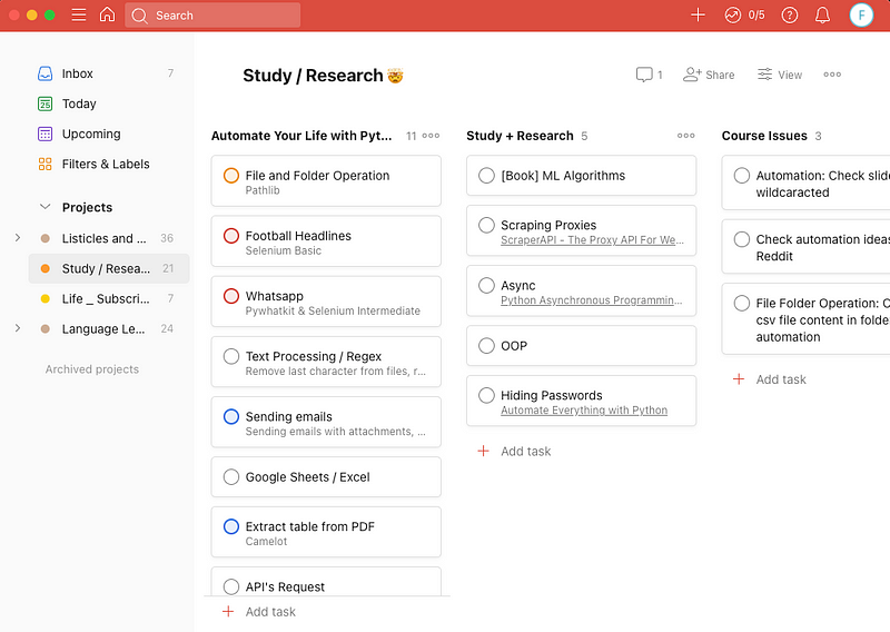 Todoist task management interface