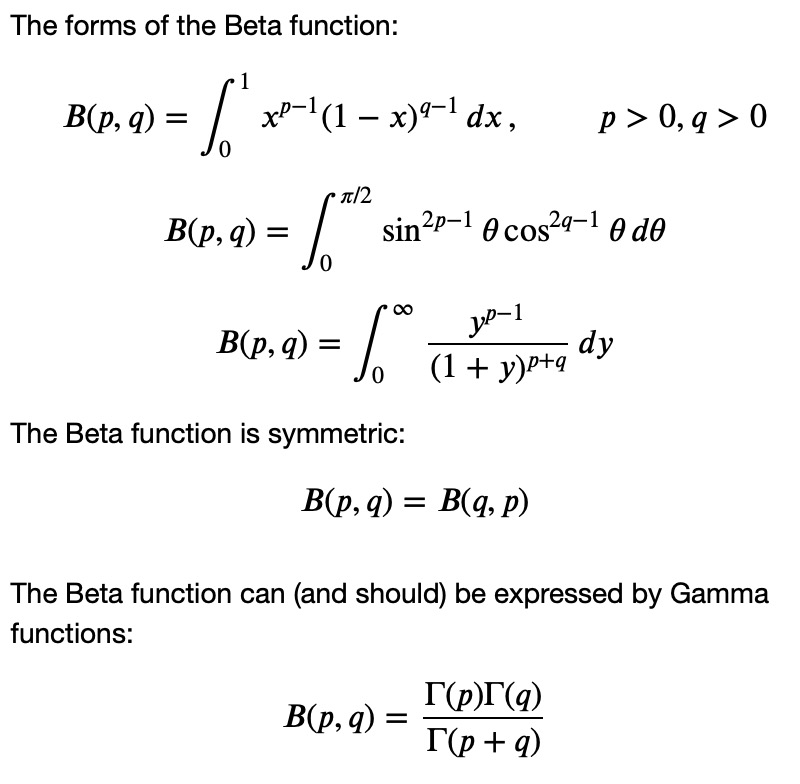 Summary of Beta function properties and forms