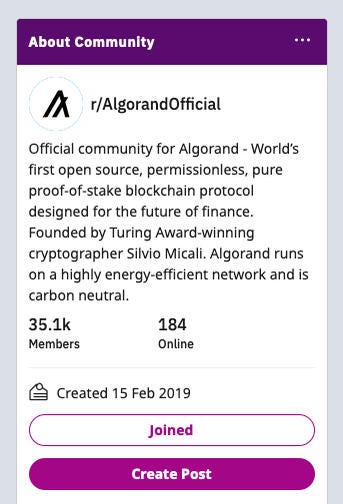 Screenshot from Algorand's official Reddit page