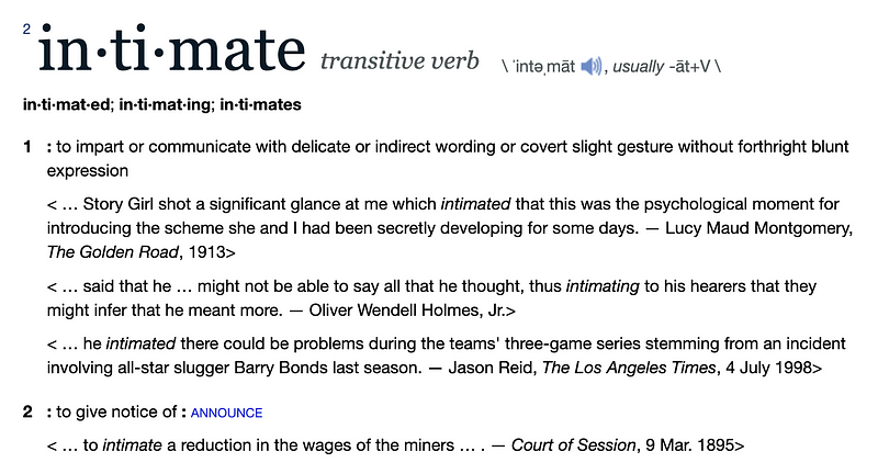 Definition of "intimate" from the Oxford English Dictionary