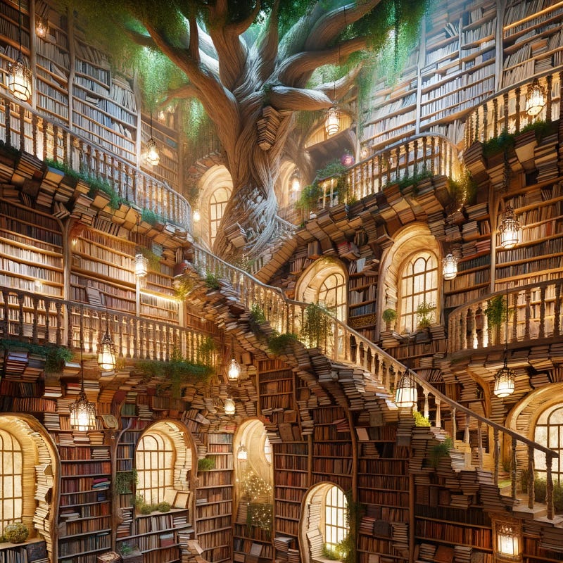 Whimsical library with trees and open books