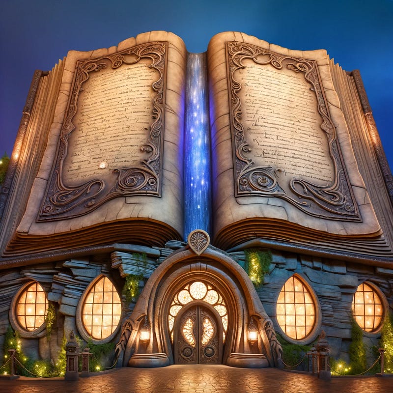 Exterior view of a magical library shaped like a book